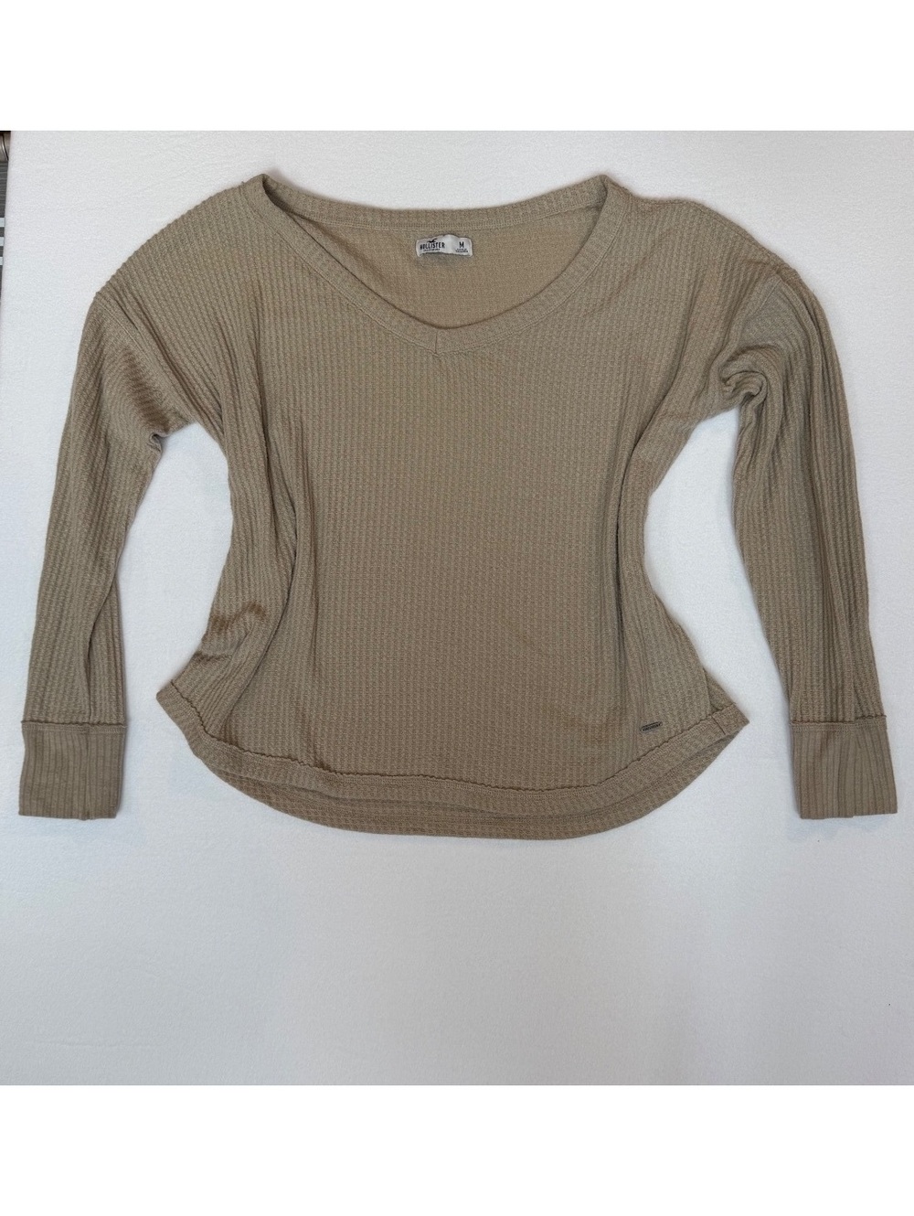 Hollister Women's Medium Beige Long Sleeve Waffle Knit Top